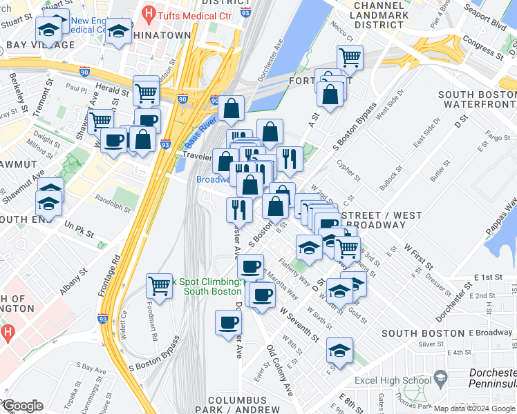 map of restaurants, bars, coffee shops, grocery stores, and more near 45 West Broadway in Boston