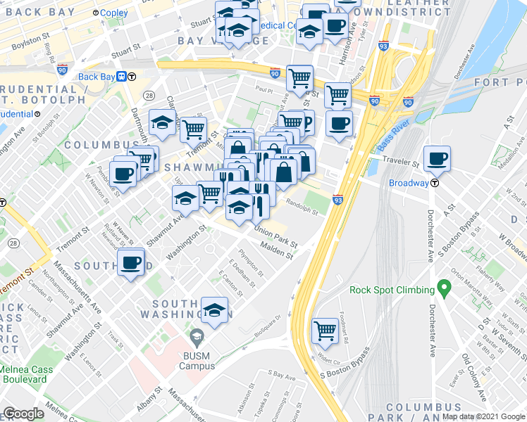 map of restaurants, bars, coffee shops, grocery stores, and more near 485 Harrison Avenue in Boston