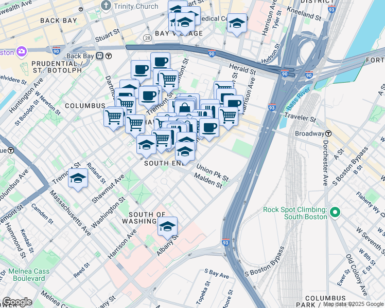 map of restaurants, bars, coffee shops, grocery stores, and more near in Boston
