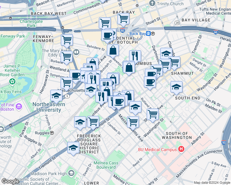 map of restaurants, bars, coffee shops, grocery stores, and more near 525 A Columbus Avenue in Boston