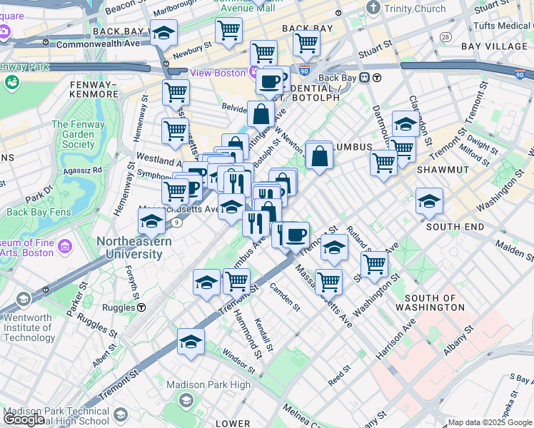 map of restaurants, bars, coffee shops, grocery stores, and more near 23 Wellington Street in Boston