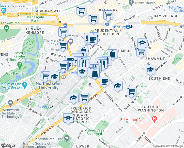 map of restaurants, bars, coffee shops, grocery stores, and more near 23 Wellington Street in Boston