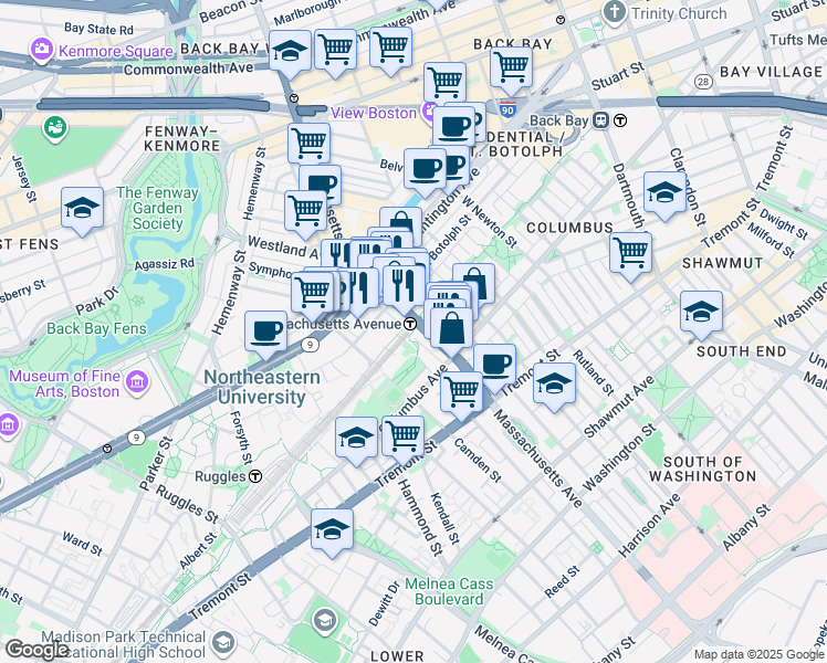map of restaurants, bars, coffee shops, grocery stores, and more near 352 Massachusetts Avenue in Boston