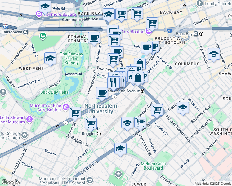 map of restaurants, bars, coffee shops, grocery stores, and more near 52 Gainsborough Street in Boston