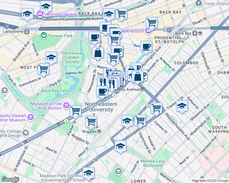 map of restaurants, bars, coffee shops, grocery stores, and more near 77 Saint Stephen Street in Boston