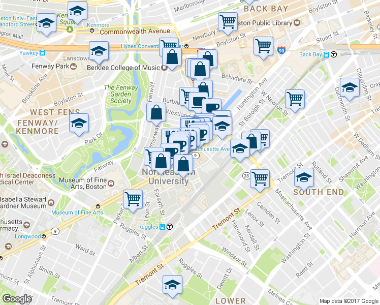 map of restaurants, bars, coffee shops, grocery stores, and more near 77 Saint Stephen Street in Boston