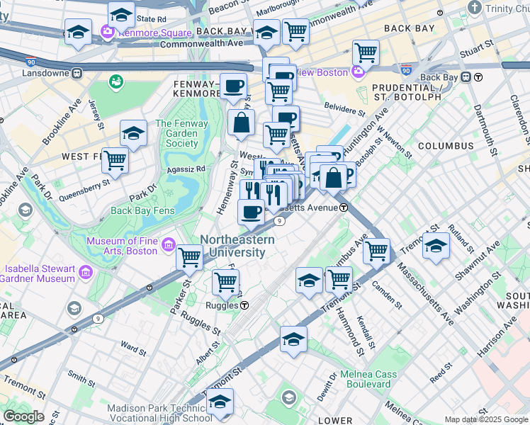map of restaurants, bars, coffee shops, grocery stores, and more near 77 Saint Stephen Street in Boston