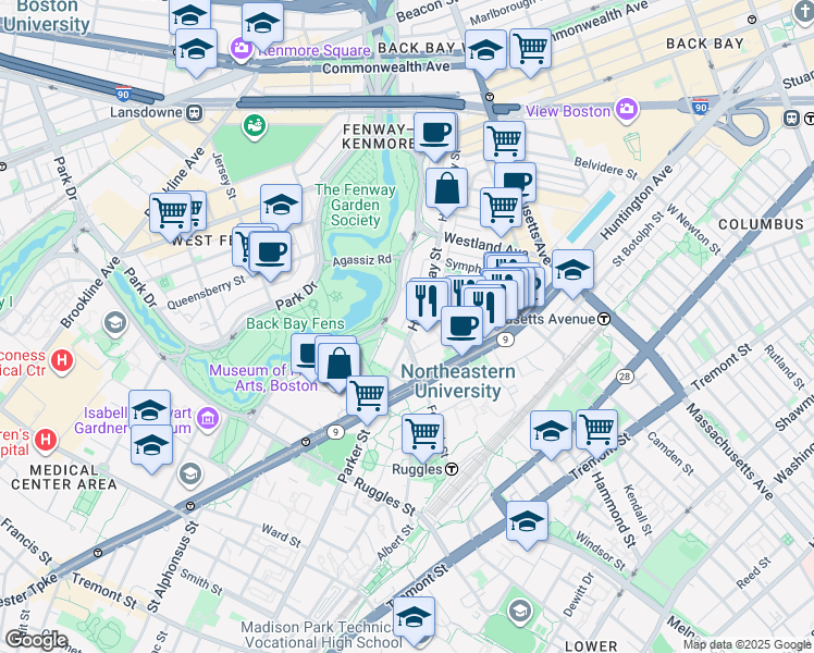 map of restaurants, bars, coffee shops, grocery stores, and more near 143 Hemenway Street in Boston