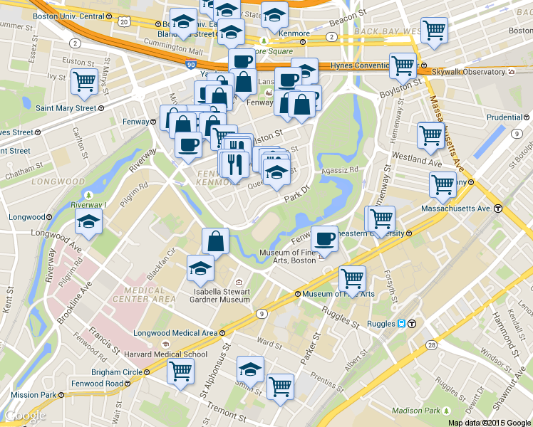 map of restaurants, bars, coffee shops, grocery stores, and more near 111 Park Drive in Boston