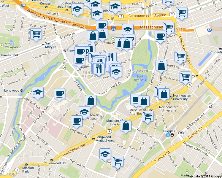 map of restaurants, bars, coffee shops, grocery stores, and more near 111 Park Drive in Boston