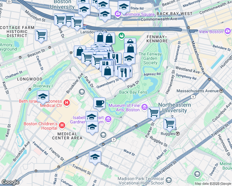 map of restaurants, bars, coffee shops, grocery stores, and more near 58 Queensberry Street in Boston