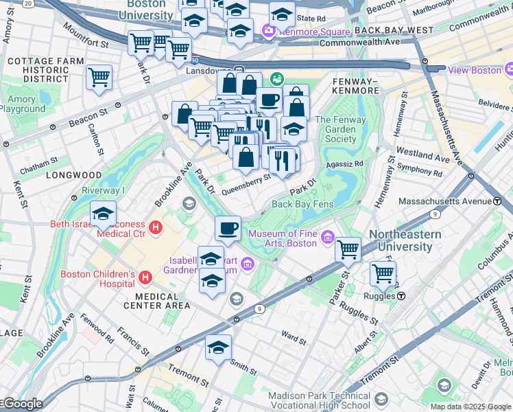 map of restaurants, bars, coffee shops, grocery stores, and more near 58 Queensberry Street in Boston