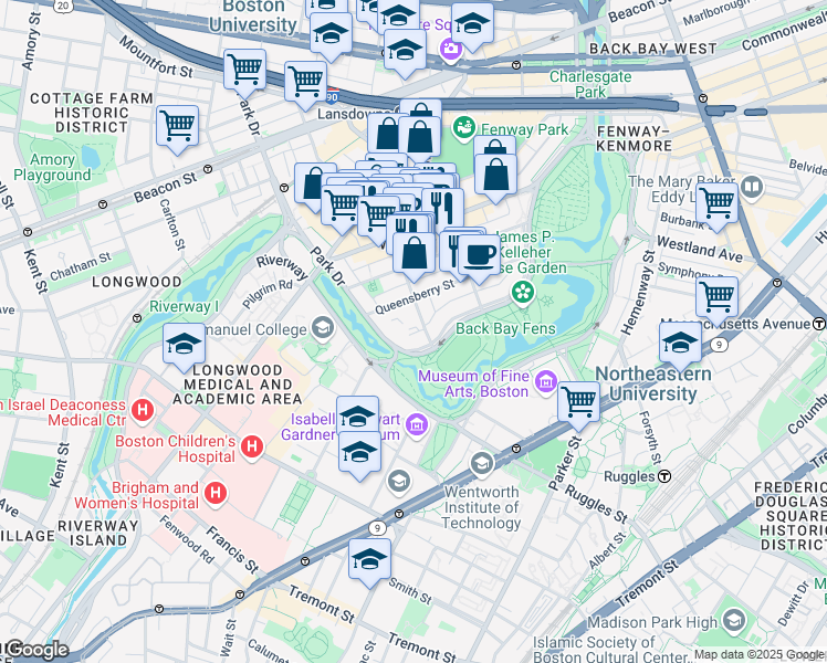 map of restaurants, bars, coffee shops, grocery stores, and more near 58 Queensberry Street in Boston