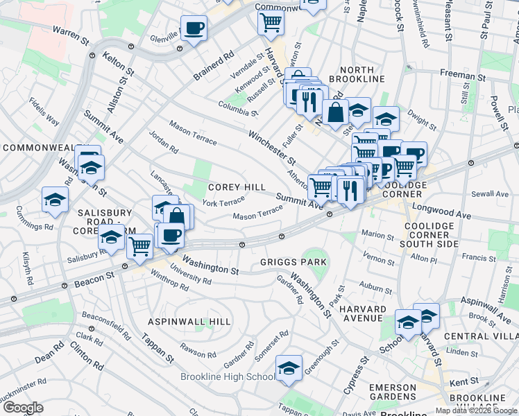 map of restaurants, bars, coffee shops, grocery stores, and more near 90 Summit Avenue in Brookline