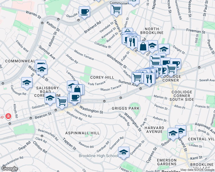 map of restaurants, bars, coffee shops, grocery stores, and more near 90 Summit Avenue in Brookline
