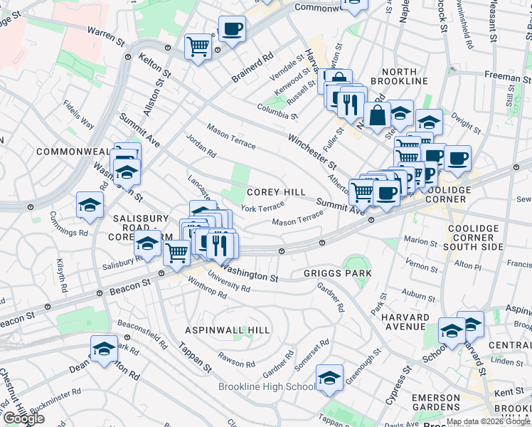 map of restaurants, bars, coffee shops, grocery stores, and more near 122 Summit Avenue in Brookline