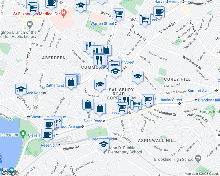 map of restaurants, bars, coffee shops, grocery stores, and more near 19 Mount Hood Road in Boston