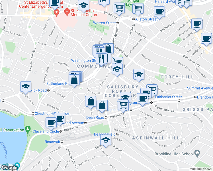 map of restaurants, bars, coffee shops, grocery stores, and more near 19 Mount Hood Road in Boston