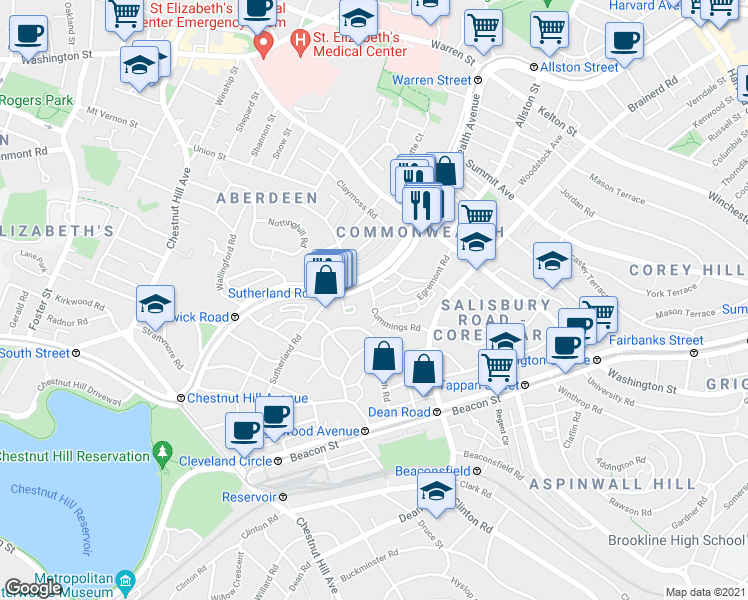 map of restaurants, bars, coffee shops, grocery stores, and more near 1665 Commonwealth Avenue in Boston