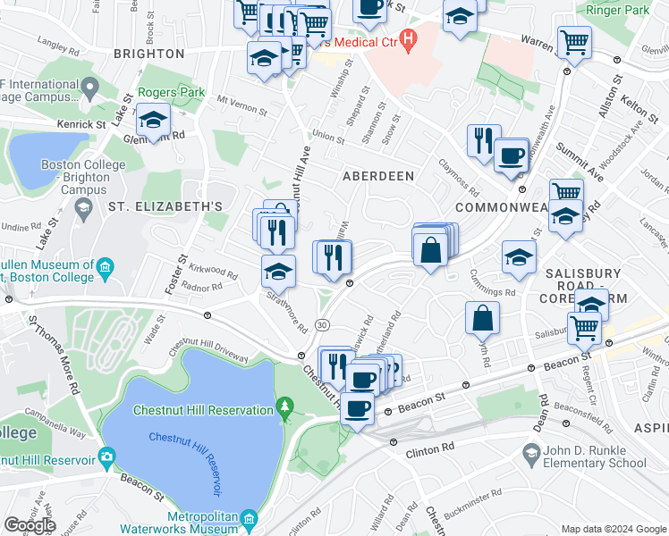 map of restaurants, bars, coffee shops, grocery stores, and more near 59 Leamington Road in Boston