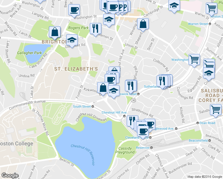map of restaurants, bars, coffee shops, grocery stores, and more near 150 Chestnut Hill Avenue in Boston