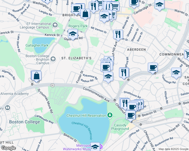map of restaurants, bars, coffee shops, grocery stores, and more near 201 Chiswick Road in Boston