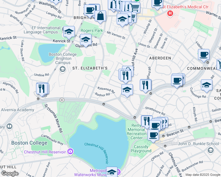 map of restaurants, bars, coffee shops, grocery stores, and more near 201 Chiswick Road in Boston