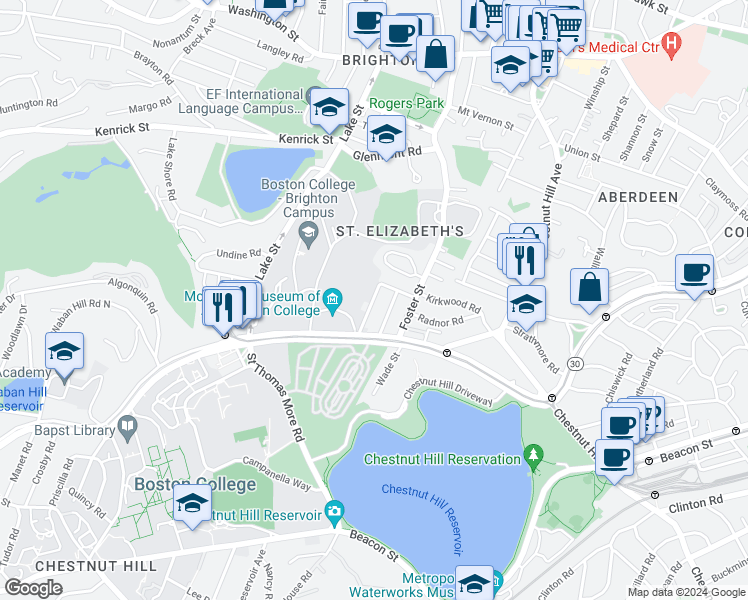 map of restaurants, bars, coffee shops, grocery stores, and more near 30 Greycliff Road in Boston