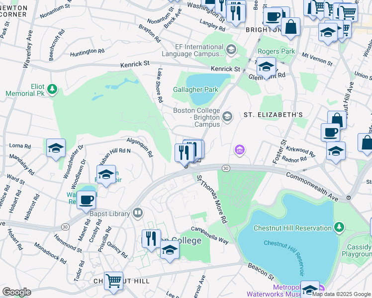 map of restaurants, bars, coffee shops, grocery stores, and more near 30 Undine Road in Boston