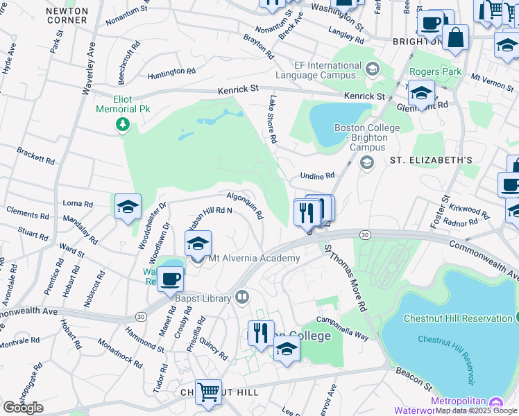 map of restaurants, bars, coffee shops, grocery stores, and more near 71 Algonquin Road in Newton