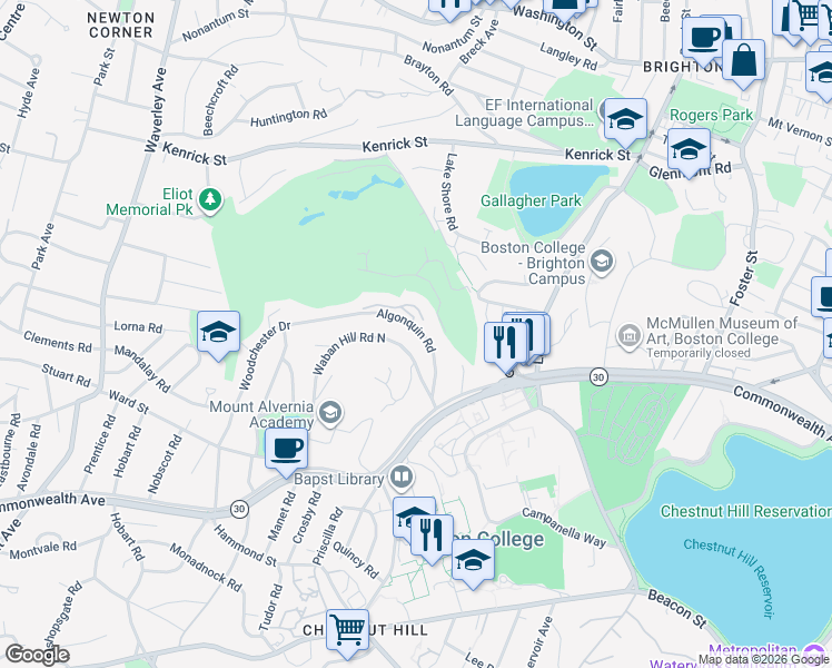 map of restaurants, bars, coffee shops, grocery stores, and more near 71 Algonquin Road in Newton