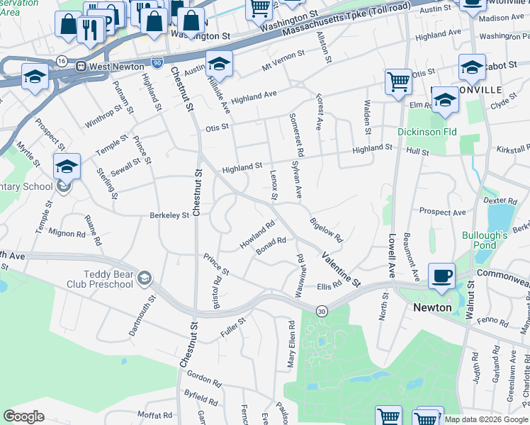 map of restaurants, bars, coffee shops, grocery stores, and more near 70 Valentine Street in Newton