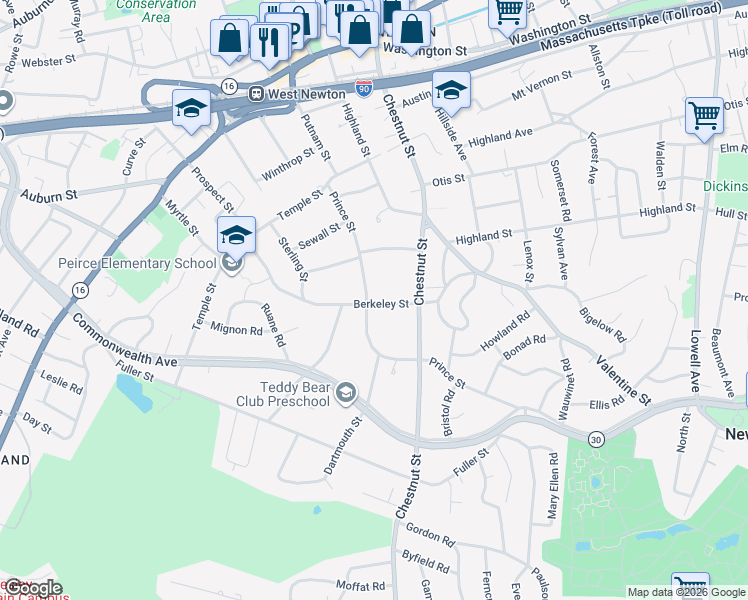 map of restaurants, bars, coffee shops, grocery stores, and more near 95 Prince Street in Newton
