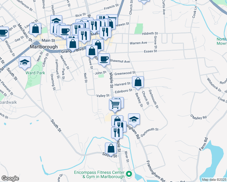 map of restaurants, bars, coffee shops, grocery stores, and more near 146 Maple Street in Marlborough