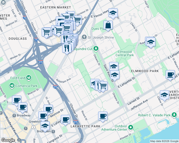map of restaurants, bars, coffee shops, grocery stores, and more near 1555 Cherboneau Place in Detroit