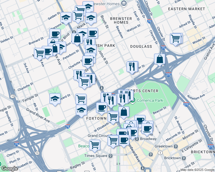 map of restaurants, bars, coffee shops, grocery stores, and more near 123 Winder Street in Detroit