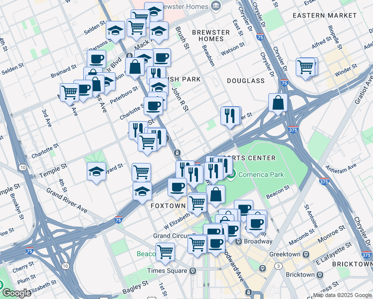 map of restaurants, bars, coffee shops, grocery stores, and more near 123 Winder Street in Detroit
