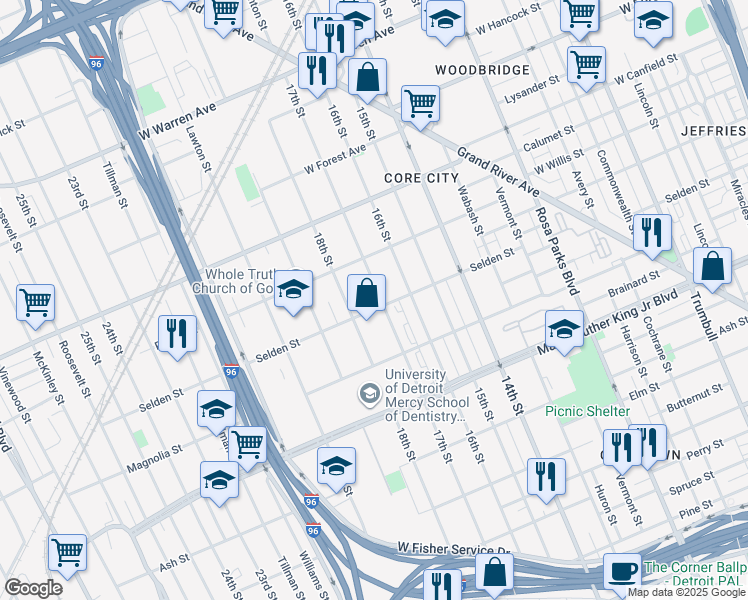 map of restaurants, bars, coffee shops, grocery stores, and more near 3967 17th Street in Detroit