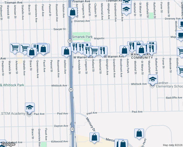 map of restaurants, bars, coffee shops, grocery stores, and more near 6857 Rutland Street in Detroit