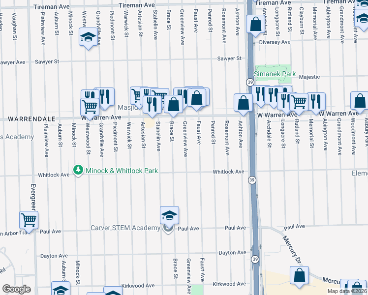 map of restaurants, bars, coffee shops, grocery stores, and more near 6866 Greenview Avenue in Detroit