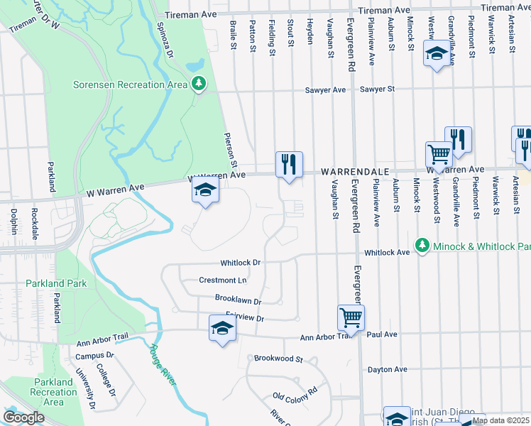 map of restaurants, bars, coffee shops, grocery stores, and more near 20601 West Warren Avenue in Dearborn Heights