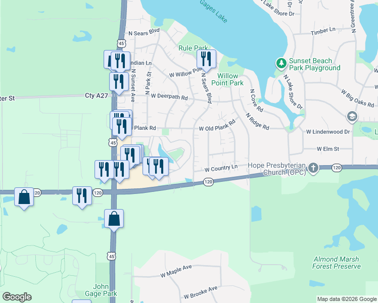 map of restaurants, bars, coffee shops, grocery stores, and more near 1915 Country Drive in Grayslake