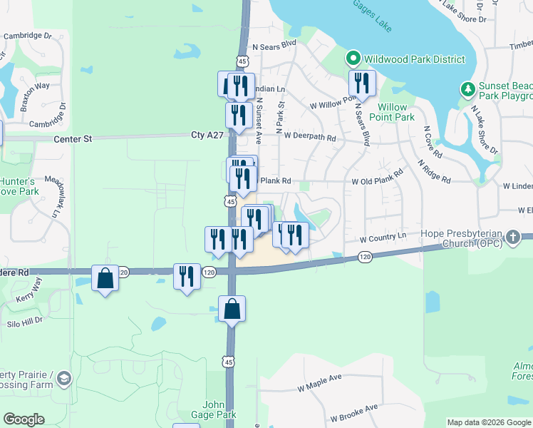 map of restaurants, bars, coffee shops, grocery stores, and more near 1801 Country Drive in Grayslake