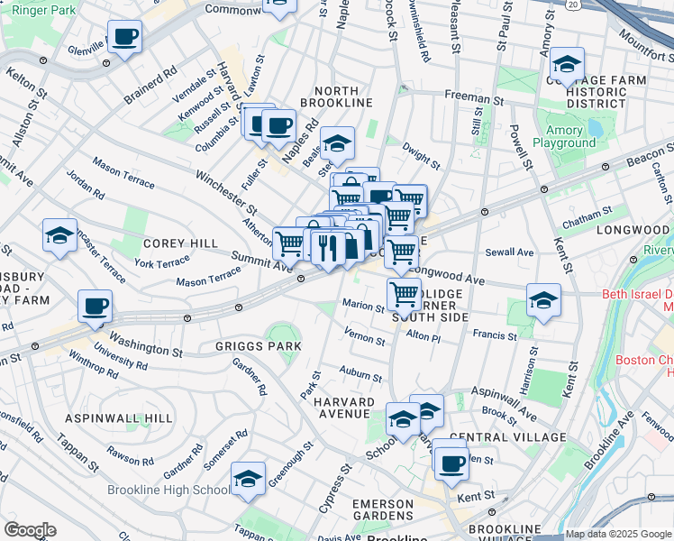 map of restaurants, bars, coffee shops, grocery stores, and more near Beacon St & Winchester St in Brookline
