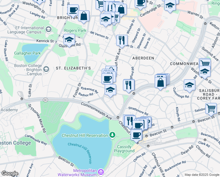 map of restaurants, bars, coffee shops, grocery stores, and more near 150 Chestnut Hill Avenue in Boston