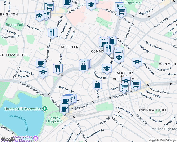 map of restaurants, bars, coffee shops, grocery stores, and more near 1691 Commonwealth Avenue in Boston