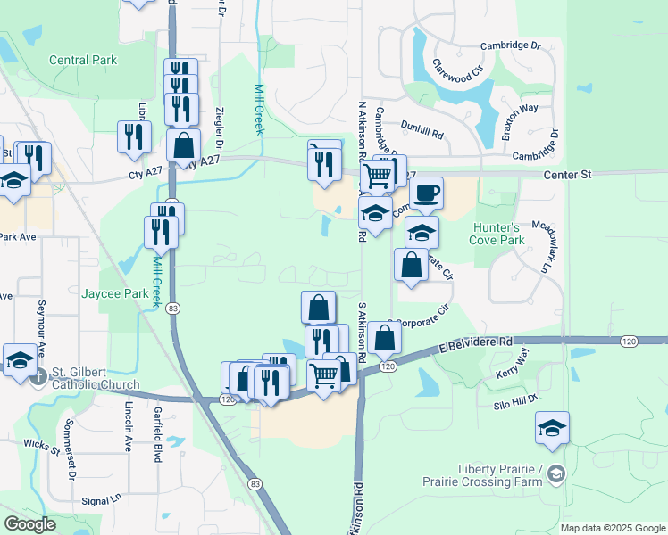 map of restaurants, bars, coffee shops, grocery stores, and more near 310 South Atkinson Road in Grayslake