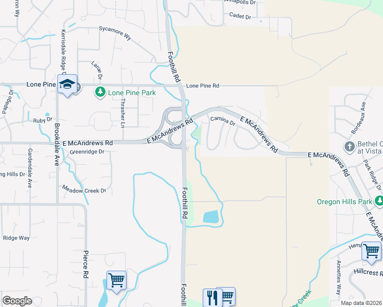map of restaurants, bars, coffee shops, grocery stores, and more near 1570 Foothill Road in Medford