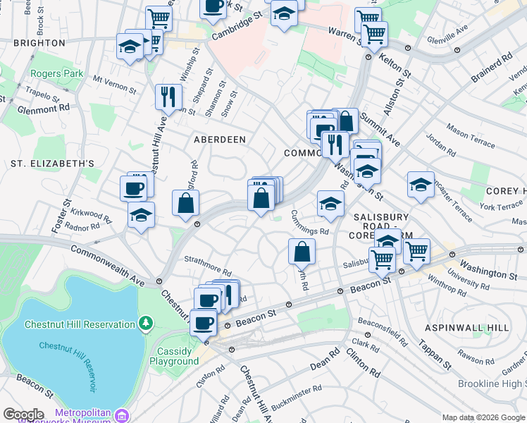 map of restaurants, bars, coffee shops, grocery stores, and more near 1702 Commonwealth Avenue in Boston