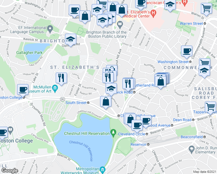 map of restaurants, bars, coffee shops, grocery stores, and more near Chestnut Hill Avenue & Chiswick Road in Boston